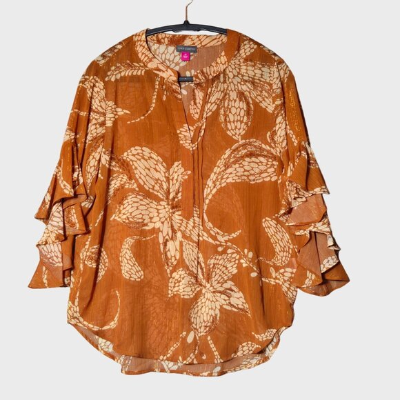 Vince Camuto Pintucked Ruffle Cuff Semi Sheer V-Neck Boho Blouse Orange Medium - Picture 3 of 12